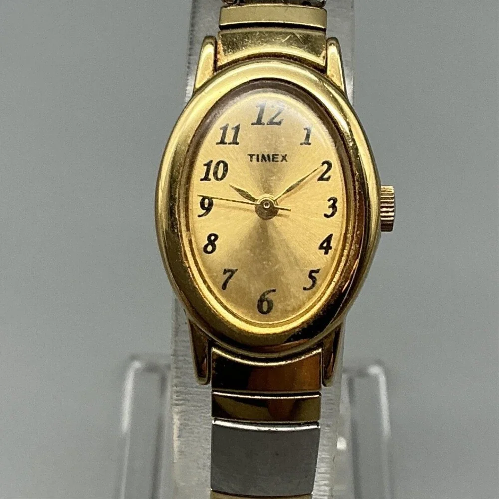 Timex Womens Watch 18mm Champagne Dial Two Tone Gold Silver Stretch New Battery